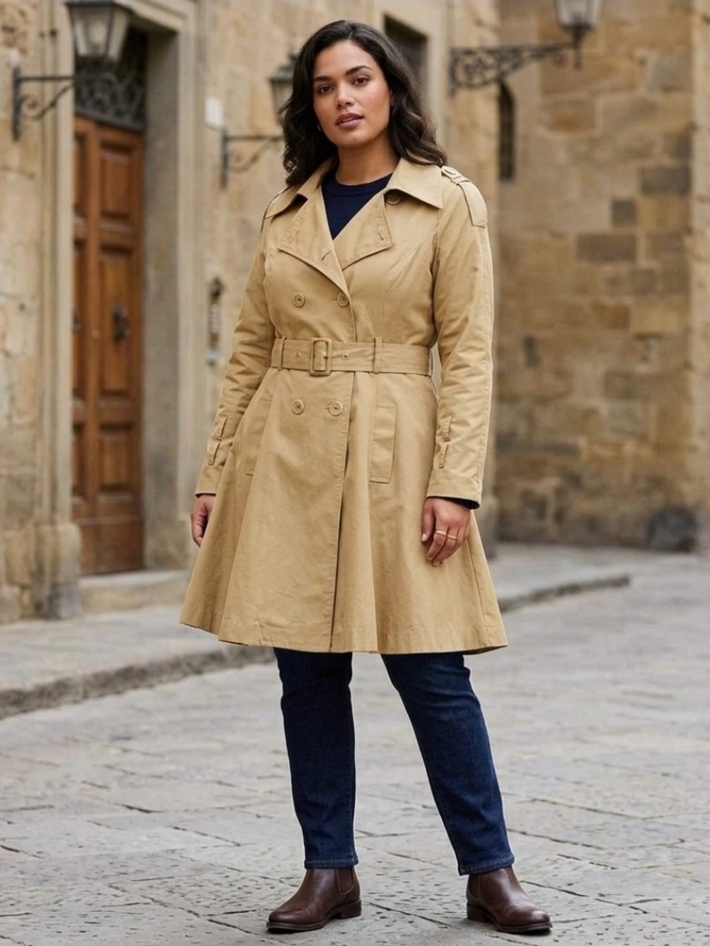 Tailored Tan Belted Trench Coat for Women